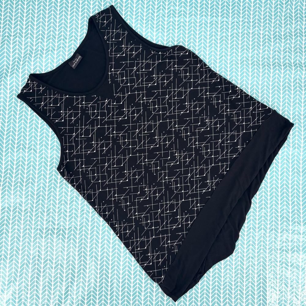 Schwiing Black with White Geometric Line Pattern Asymmetrical Sleeveless Top, XL